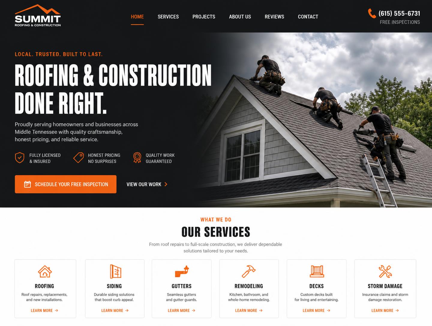 Sample website design for a roofing and construction company